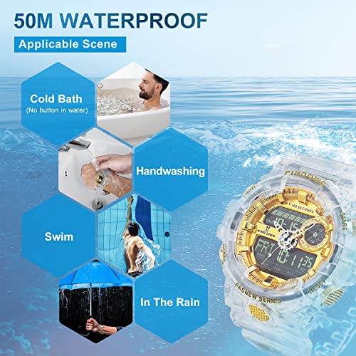Mens Watch for Men Digital Sport Watch Transparent Gold Watches Waterproof Watches with 3 Alarms/Countdown/Stopwatch/Digital-Analog/Dual Time/Light/Military Multifunctional Wrist Watch4