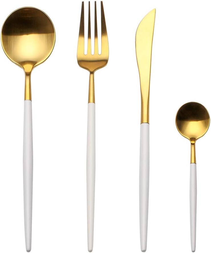 Flatware Set, Morgiana 4-Piece Stainless Steel Flatware Sets Utensil Set Including Silverware Fork Spoons Knife Tableware Serving Set for Home Restaurant (White+Golden)