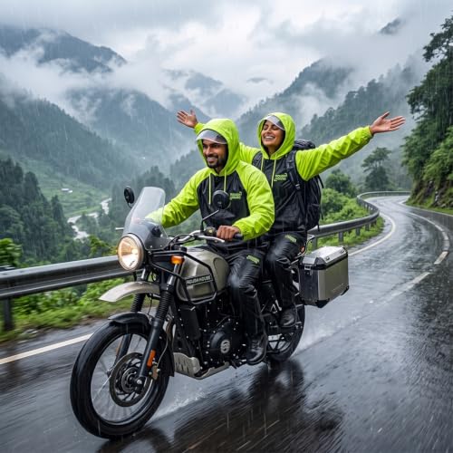 Image of Roughhouse Raincoat for Men & Women Heavy Duty Waterproof Rain Suit with Jacket & Pant for Bike Riding | Hooded High-Visibility Unisex Raincoat | Foldable Monsoon Rain Coat - Charcoal & Neon, Size XXL