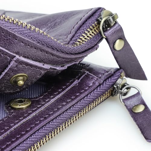 Image of CONTACTS Soft Leather Wallet for Women Small Bifold Coin Purse Double Zipper Card Holder with RFID Blocking (Eggplant Purple)