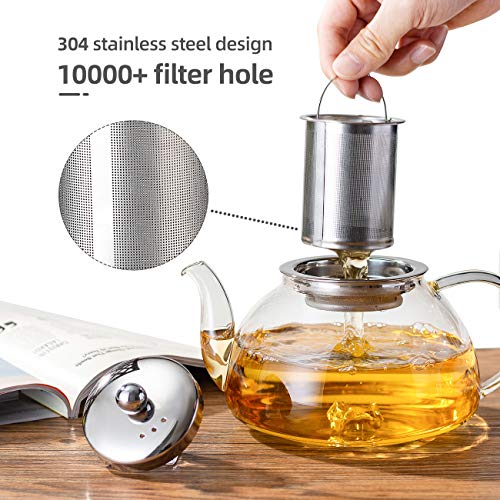 SULIVES Glass Teapot with Stainless Steel Infuser & Lid, Borosilicate Glass Flower Tea Kettle Stovetop Safe, Blooming & Loose Leaf Teapots, 34 oz / 1000 ml (800ML, Clear)