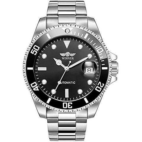 Rotatable Bezel Automatic Mechanical Watch Mens Brand Waterproof Full Steel Silver Luminous Dial Watches (Black) Cover