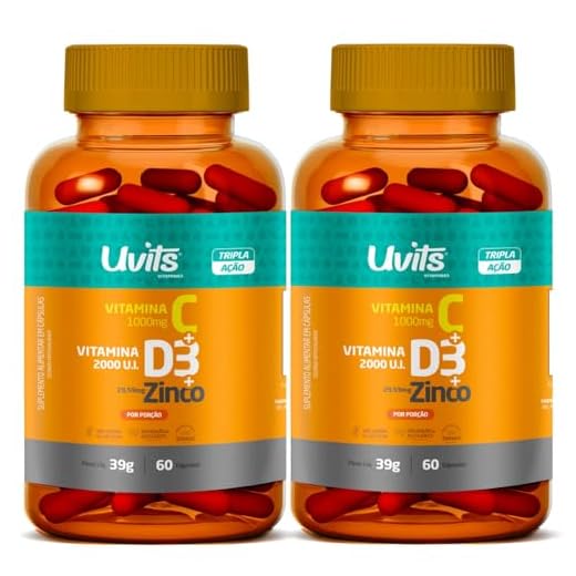 2x Vitamina C 1000mg + D3 2000UI + Zinco 29,59mg 60 Cáps - Total 120 Cáps