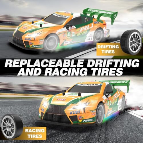 Image of Rc Drift Remote Control Car 1:24 Scale, High-Speed, 4Wd, Led Lights, Rechargeable Racing Car, Drifting Tires, 2.4Ghz, for Kids (RC Drift Car - Yellow)