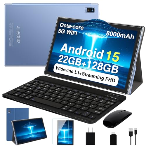 Image of 2026 Tablet, 10 Inch Android 15 Tablets 22GB+128GB+1TB Expand, 2-in-1 Octa-Core Electronic Tablet with Keyboard Mouse Case, 8000mAh Battery, 1280x800 HD IPS Display, GPS,Widevine L1, Metal Body -Blue