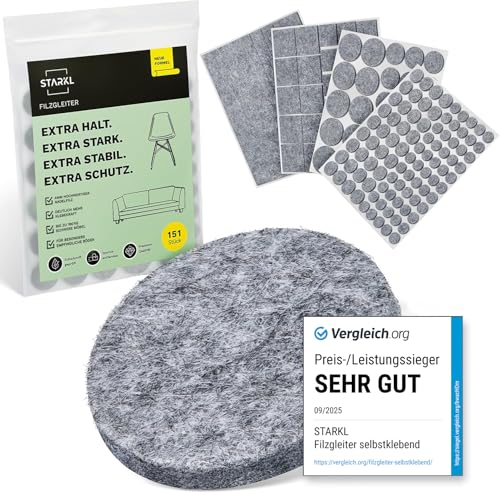 Filzgleiter selbstklebend Grau 151 Stück (4 mm) I Filzgleiter für Stühle I Möbelgleiter Filz selbstklebend I Möbelgleiter aus hochwertigem Nadelfilz I Stuhlgleiter I Klebefilz für Möbelfüße