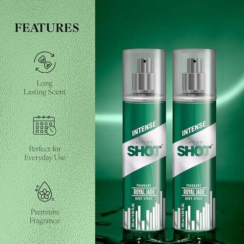 Image of Layer'r Shot Royal Jade Fragrant Body Spray Combo For Men 2 x135ml | Long-Lasting Premium Fragrance Herbal & Fruity Blend Scent | Perfume For Body & Clothes | Deodorant Gift For Men