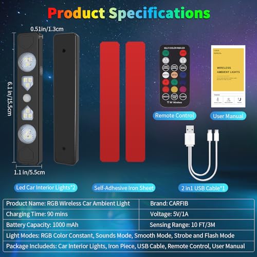 Carfib 80495JDD-2 Wireless Interior Car Lights With Remote Rgb Sound Control Ambient Neon Accent Starry Lighting Kits Usb Rechargeable Magnetic Underglow Led Atmosphere Lights thumb #8