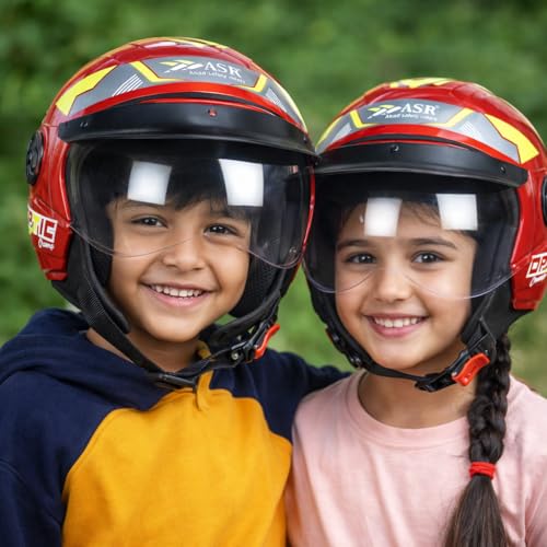 Image of ASR Junior Riders Helmet, High-Impact ABS Shell, Scratch & UV Resistant, Wide-View Visor, ISI Approved, Boys & Girls,Size-XS (Red)