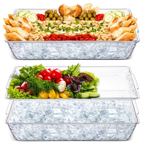Baderke 2 Set 16' X 9' Plastic Chilled Serving Tray For Parties With Compartments Ice Chilled Party Platter Charcuterie Serving Board Cold Dish Dip For Fruit Seafood Vegetable Appetizer (Clear)
