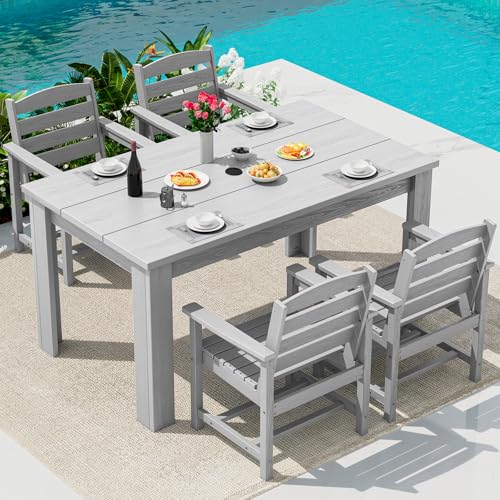 Image of SERWALL 59 inch Outdoor Dining Set for 4, Light Gray | Include 1 Rectangular Dining Table and 4 Armrest Chairs, All Weather Dining Sets for Garden, Backyard
