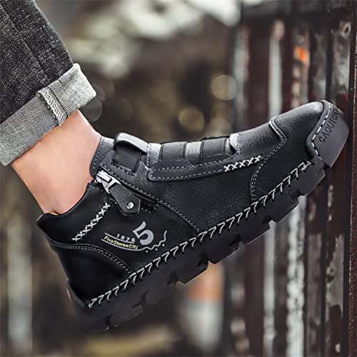 Black Leather Shoes for Men Casual Ankle Lace up Boots Slip on Lightweight Loafers Mid Top Walking Sneakers4