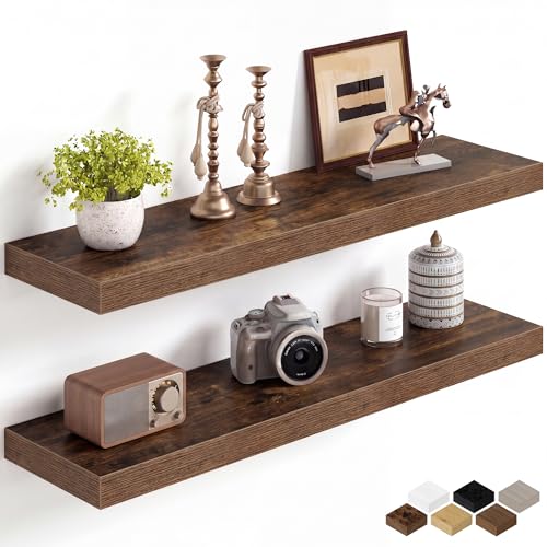 Image of Fun Memories 32Inch Floating Shelves for Wall, 8 Inch Deep Shelves for Bathroom|Bedroom|Kitchen Wall Mounted, Wood Hanging Shelf with Invisible Brackets for Home Storage Decor, Rustic Brown - 2 Pack