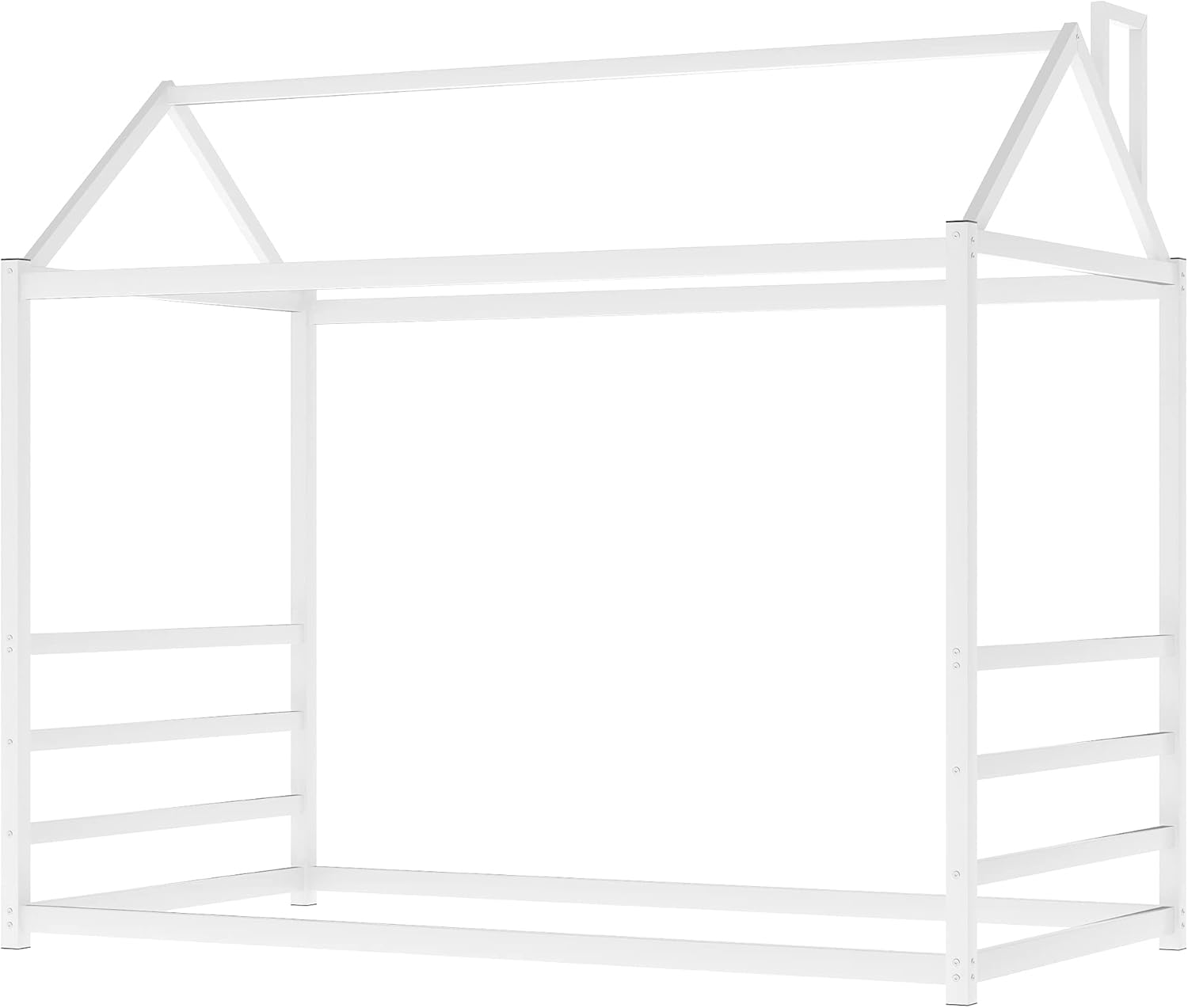 Rhomtree Twin Size Metal Tent Bed House Bed Frame with Roof and Chimney Design, Floor Bed, Nursery Furniture, Kids Tent Bed, Play Tent (White)