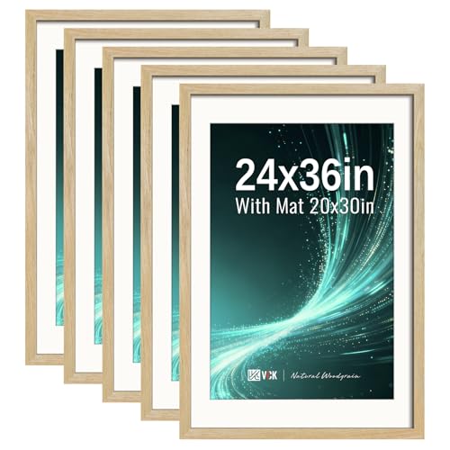 Image of VCK 24x36 Frame 5 Pack, Natural Exclusive Wood, 20x30 Mat, for Picture