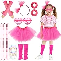 BSBUY 80s Fancy Dress Costume for Kids 20/21 Pcs 1980s Costume Set for Girls Neon Costume Fancy Dress Outfit Accessories Dress Up for Halloween Neon Party Cosplay