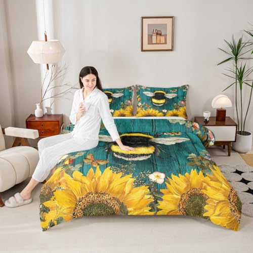 Image of Feelyou Sunflower Comforter Bee Floral Print Comforter Set for Kids Boys Girls Yellow Flowers Bedding Set Wooden Texture Duvet Set 1 Comforter Set with 2 Pillowcases King Size Boys