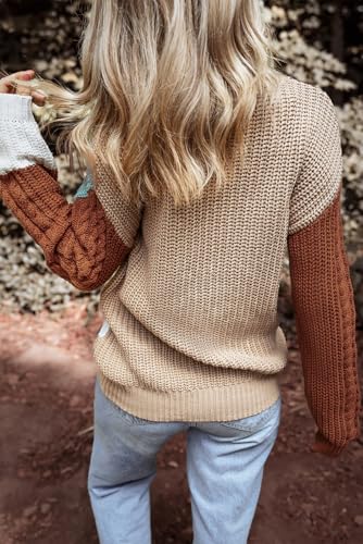 Women's Khaki Colorblock Patchwork Sweater - Textured Knit Design for Winter2