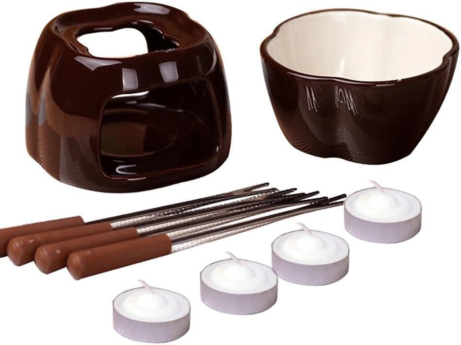 BAFOVY Chocolate Fondue Set Melting Pot Chocolate Cheese Fondue Ceramic Pot with 4 Forks & Candle Warmer for Home Restaurant Cafe Party (A38)
