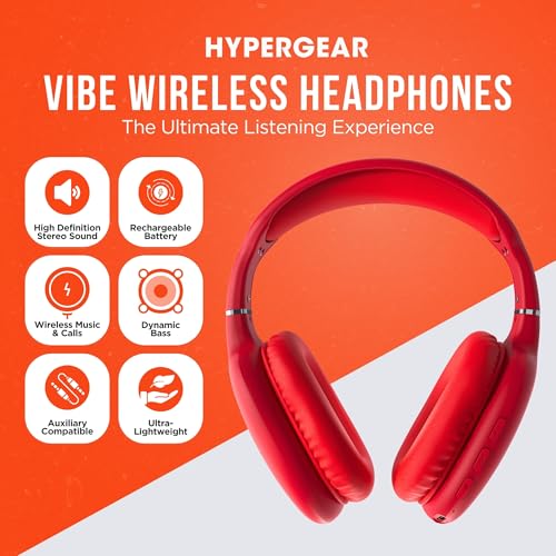 Image of HyperGear Over-Ear Headphones - Wireless Bluetooth Headphones with Noise Isolation, Built-in Mic, Soft Memory Foam Cups for All-Day Comfort, Red