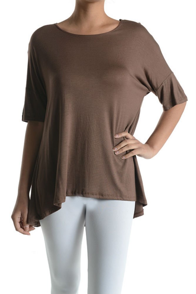 Plum Feathers Women's Solid Color & Print Rayon Span High Low Short Sleeve Tunic