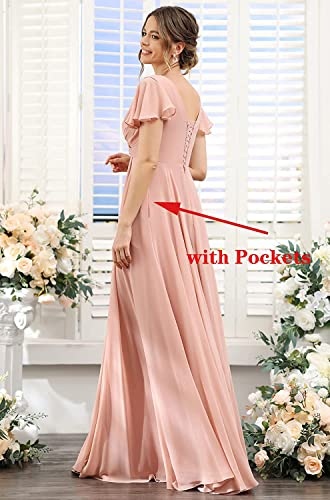 Stylefun Women's V Neck Bridesmaid Dresses with Slit Pleated High Waist Long Formal Dress with Pockets CYM1314