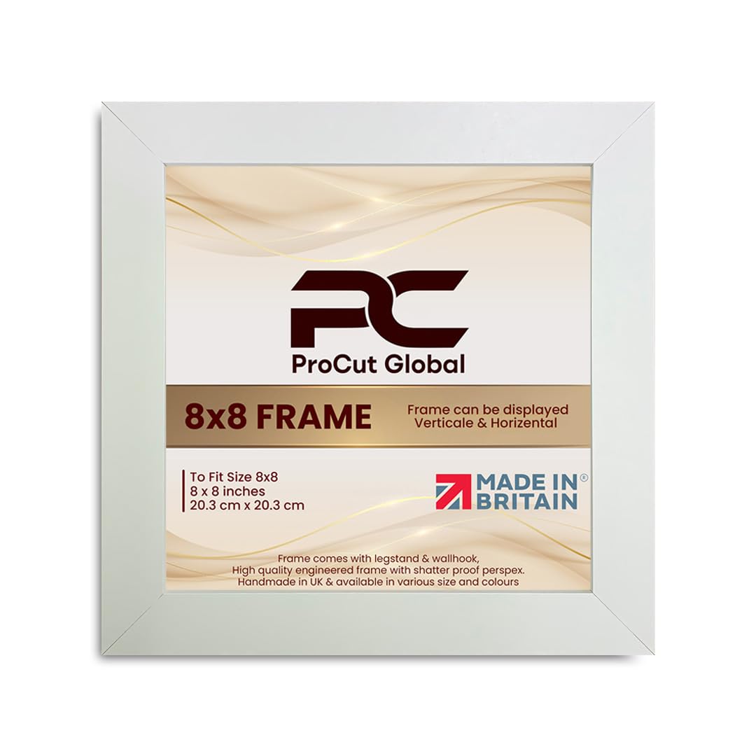 Procut Global 8X8 White Picture Frames - Modern Wooden Photo Frame with Shatterproof Perspex for Wall or Tabletop - Perfect for Posters, Certificates, Prints - Sizes & Colors Available