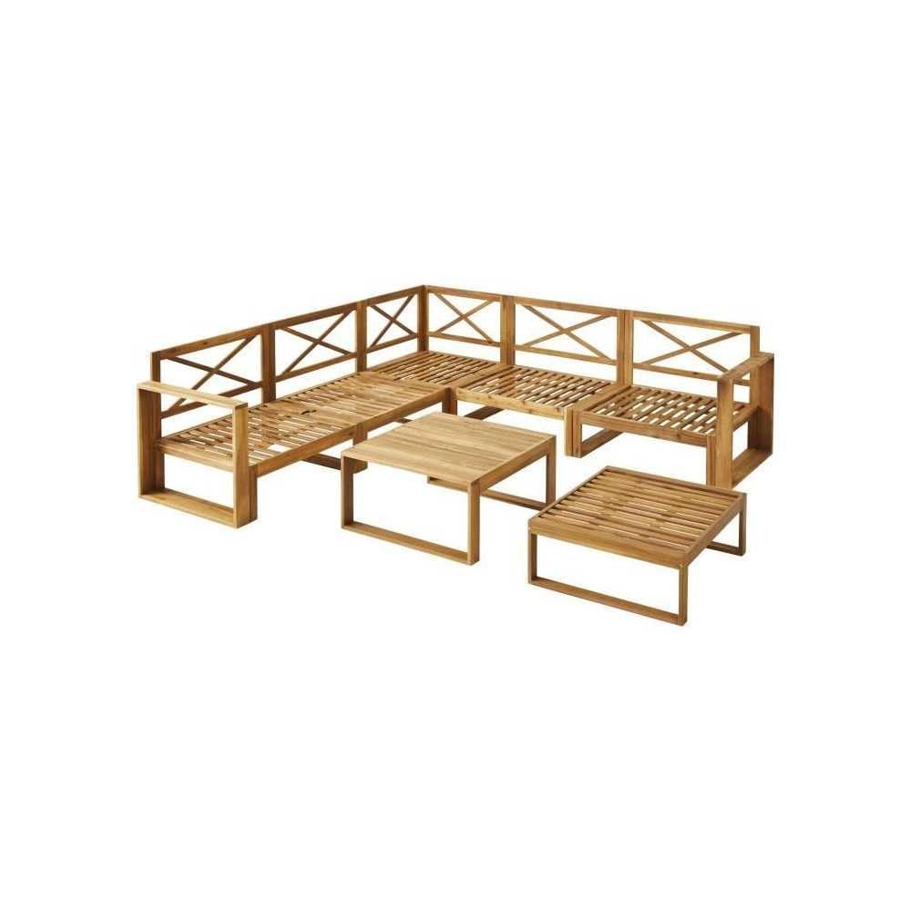 Salon de Jardin LEVATA en Bois dacacia FSC - 6 Personnes avec Ottoman - Coussins Gris et Deux Tons + Housse Incluse