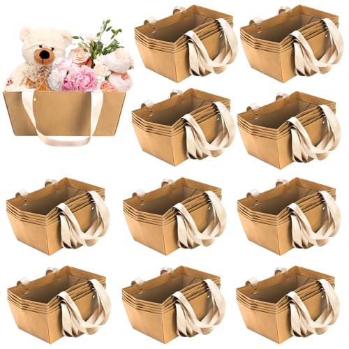 Cedilis 50 Pack Kraft Gift Basket with Handles, 9.8'' x 6.5'' x 4.3'' Empty Paper Basket for Party Gifts, Anniversary, Wedding, Easter, Crafts, Brown