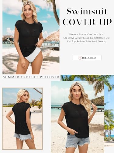 Image of Womens Summer Crochet Tops Hollow Out Cap Sleeve Cover Up Tank Top Pullover Sweater Vest Beach Vacation Clothes