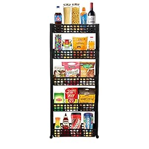 Cutting EDGE 5 Layer SLIM Classic Jet-Black – Smart Storage Organizer ? Multipurpose & Easy-To-Move Slide Out Shelf Rack Trolley (Plastic) With Wheels for Kitchen, Bedroom, Bathroom, Home, Pantry, Washing & Utility Area