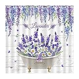 Purple Lavender Shower Curtain, Rustic Farmhouse Watercolor Lilac Flowers Floral Country Plank Plant