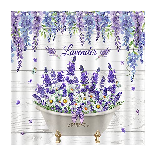 Purple Lavender Shower Curtain, Rustic Farmhouse Watercolor Lilac Flowers Floral Country Plank Plant Vintage Shower Curtain Set For Bathroom, Polyester Home Bath Bathtub Decor With 12 Hooks, 72"×72" #TOP10