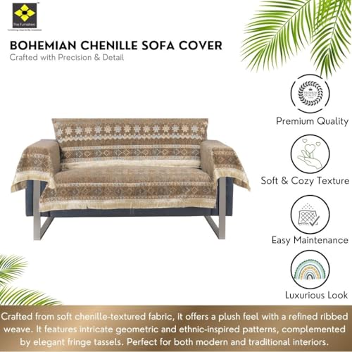 Image of Elegant Woven Brown Sofa Cover Soft Chenille Traditional Pattern with Lace Style | L-Shape Sectional Seat Protector for Living Room | Durable & Stylish Slipcover 2 Seater with Arms
