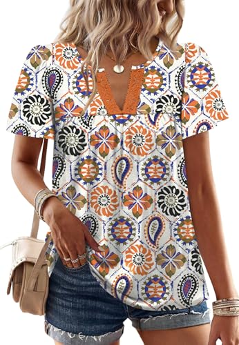 Plus Size Clothes for Women Spring Outfits Blouses Dressy Casual Summer Boho Tops V Neck Short Sleeve Western Shirts Babydoll Beach Vacation Clothes Resort Wear Floral White 3XL