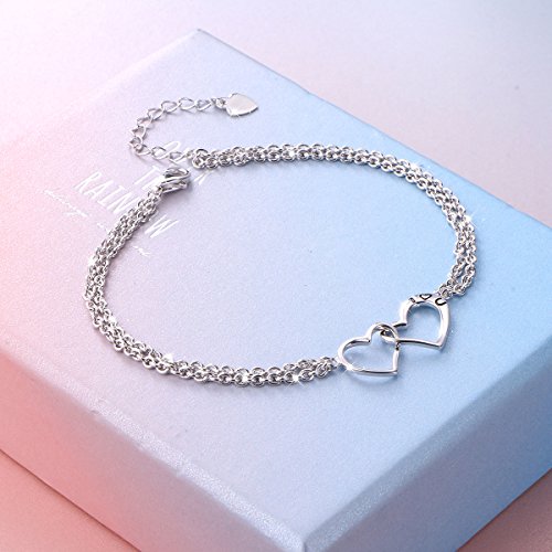 DAOCHONG S925 Sterling Silver I Love U Forever Love Heart Double Chain Bracelets,7+2 inches3