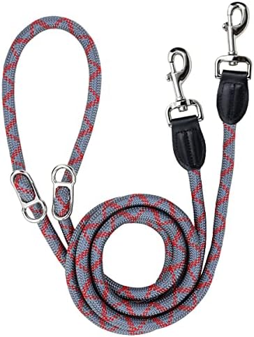 Correa para Perro Libremente Ajustable de 2,60m, Correa de Perro Doble de Nailon Multifuncional Reflectante, Ideal para Caminar, Correr y Entrenar con Las Manos Libres (L – 1,2 x 260 cm, Rojo & Gris)