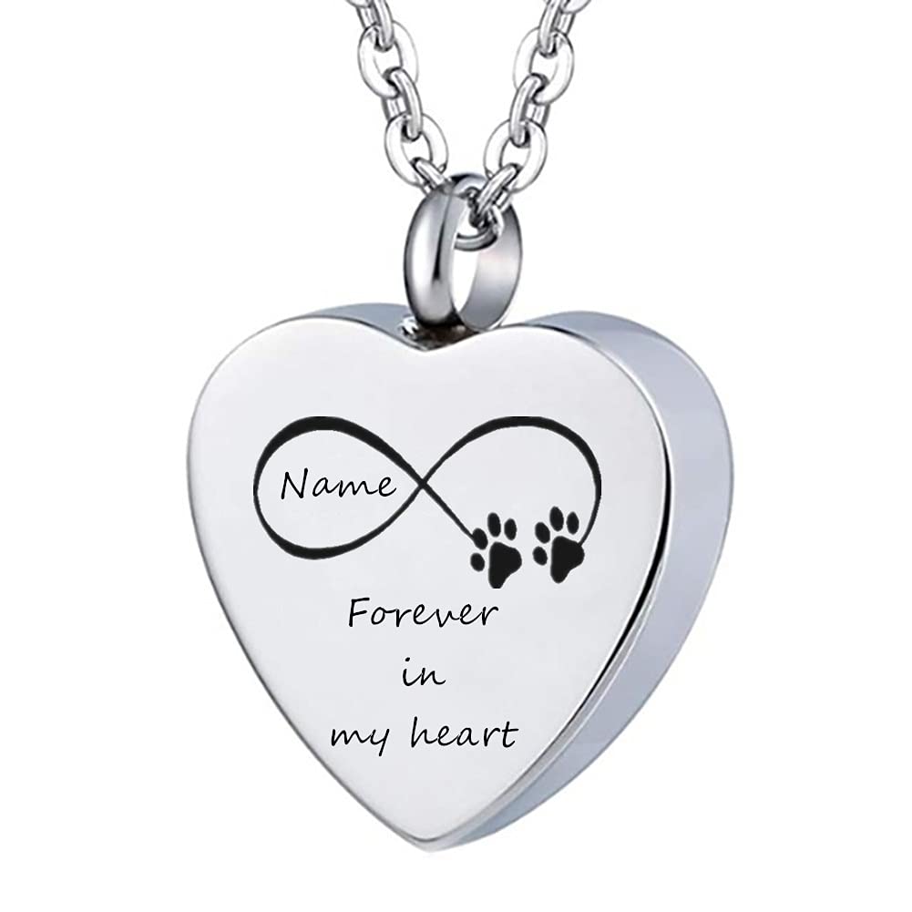 ForeverWill Personalized Name Date Engraved Pet Cremation Jewelry,Stainless Steel Heart Infinity Urn Necklace for Dog Cat Ashes,Paws Print Memorial Keepsake Ash Container Pendant Chain Family Friends