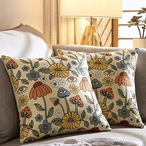 Estmy 2PCS Retro Boho Floral Yellow Orange Throw Pillow Covers Set 20x20, 70s Vintage Cute Abstract Mushrooms Fun Decorative Linen Bed Couch Throw Pillow Covers Cushion Cases for Bedroom Living Room Cover
