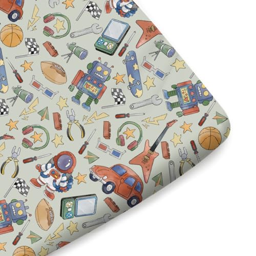 Image of Robot Spaceman Fitted Baby Crib Sheet for Girl Boy 52 inchx28 inch Sports Music Cars Games Astronaut Space Crib Mattress Covers Soft Breathable Baby Sheets for Standard Crib Mattress & Toddler Bed Mattress