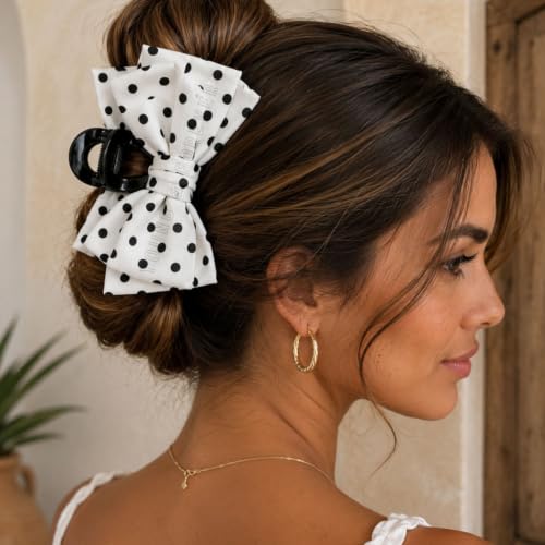 Image of Young & Forever Polka Dot Bow Hair Claw Clip for Women & Girls - Large Korean Style Fabric Bow Hair Clips for Thick Hair, Elegant French Design Hair Accessories for Party, Casual & Office Wear - White & Black