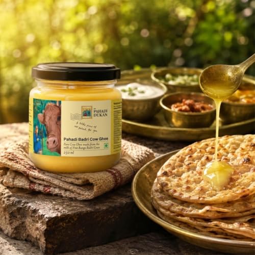 Image of My Pahadi Dukan A2 Badri Cow Ghee 250ml, Traditional Himalayan Bilona Desi Ghee, Free-Range Uttarakhand Pahadi Cows, No Additives, Pure Traditional Ghee, Certified Glyphosate-Free ghee, Glass Bottle