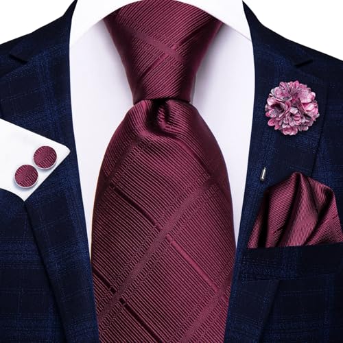 Image of Hi-Tie Classic Solid Maroon Neckties for Men Formal Burgundy Tie and Lapel Pin Pocket Square Cufflinks Sets Formal Business Wedding