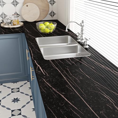Livelynine Vinilo Adhesivo Muebles Efecto Marmol Negro Vinilo Encimera Cocina Mármol Negro Rosa Lavable Papel Adhesivo para Muebles de Cocina Armario Mesa Papel Pintado Pared Autoadhesivo Baño 40CMx2M