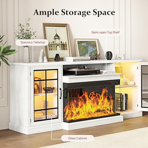 Image of MXV 80'' Fireplace TV Stand, Farmhouse Entertainment Center with 3 Sided Glass TV Stand, Modern Media Console Table with Storage Drawers & Cabinets with LED Flame and Lights for Living Room, White