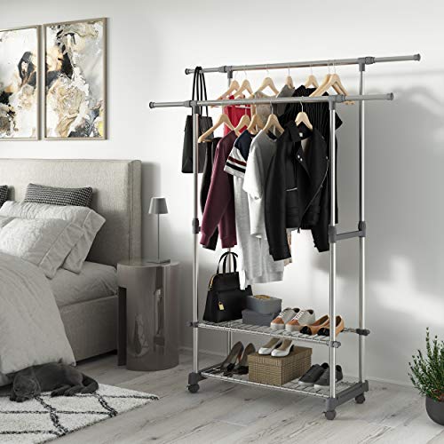 stardis Kleiderständer auf Rollen mit Ablagen ausziehbar höhenverstellbar Doppelte Edelstahl Kleiderstange grau stabil belastbar Garderobenständer Kleiderwagen B 90–153 x T 42 x H 95–170 cm