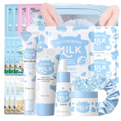 23PCS Milk Skincare Set - Nourishing & Moisturizing Skin Care Sets & Kits - Pamper Gifts for Women - Travel Skincare Set Daily Face Care - Teenage Girls Gifts - Deep Hydrating Smoothing