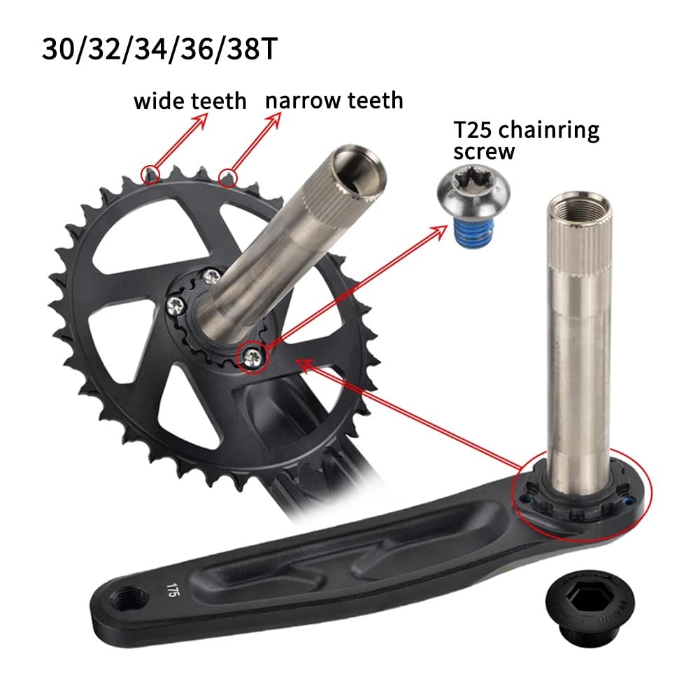 Guarnitura per Mountain Bike 170 175mm con Corona 30/32/34/36/38T Denti Stretti e Larghi, Single Speed, pedivelle Cave Integrate per 9-12 velocità, Nero Opaco