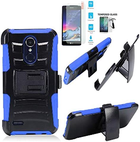 Phone Case for Straight Talk LG Rebel-4 (Tracfone), AT&T PREPAID LG Phoenix-4, Aristo-3 Case, Tribute-Empire Case +Tempered Glass Holster with Cover Stand (Holster Blue Edge Case/Tempered Glass)