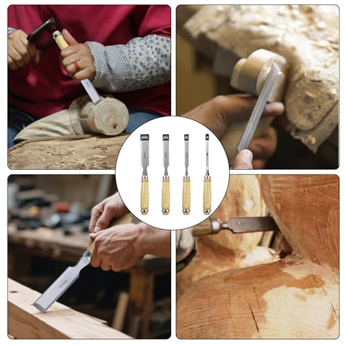 QUTHZZHY 4 tlg. Stechbeitel Set für Holz, Scharfes Stecheisen Set, Verschiedene Breiten 6/12/18/24mm, Professionelle Stechbeitel, mit Ergonomischem Griff und Schlagkappe, Holzwerkzeug